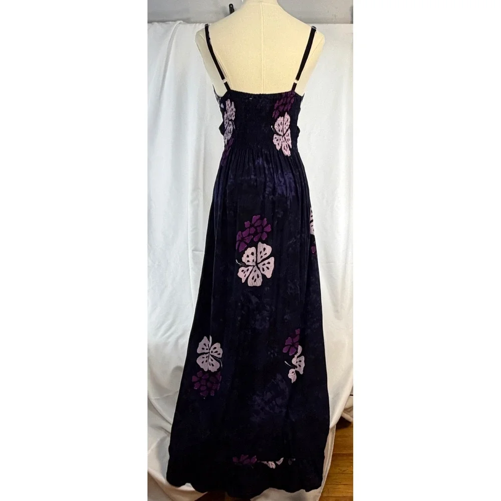 Hula Hawaii Women Purple Hibiscus Floral Batik Smocked Maxi Dress One Size OS
